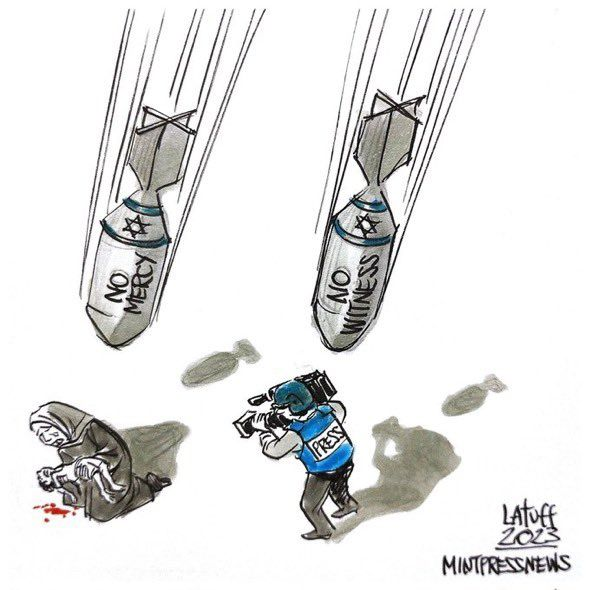 Two bombs with Israeli markings drop from the sky. One marked "No Mercy" heads for a woman holding a dead child. The other marked "No Witness" heads for a journalist.