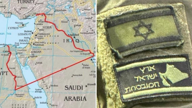 Compound image: On the left, a map showing Israel extending from the Nile to the Euphrates. On the right shoulder patches, reportedly on the uniform of an Israeli officer, showing an Israeli flag and the same "Greater Israel".