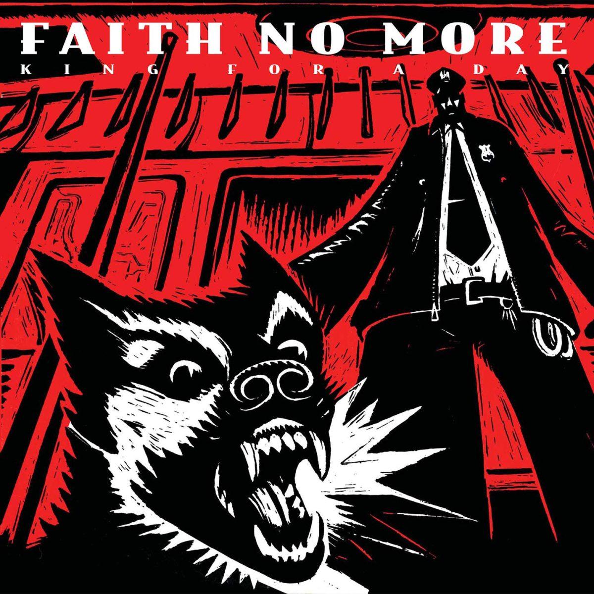 Album cover for King For A Day by the band Faith No More.

A stylized illustrated image drawn in red, black and white. It depicts a police officer on a train with a dog on a leash. The dog is prominent in the bottom foreground, barking intensely.