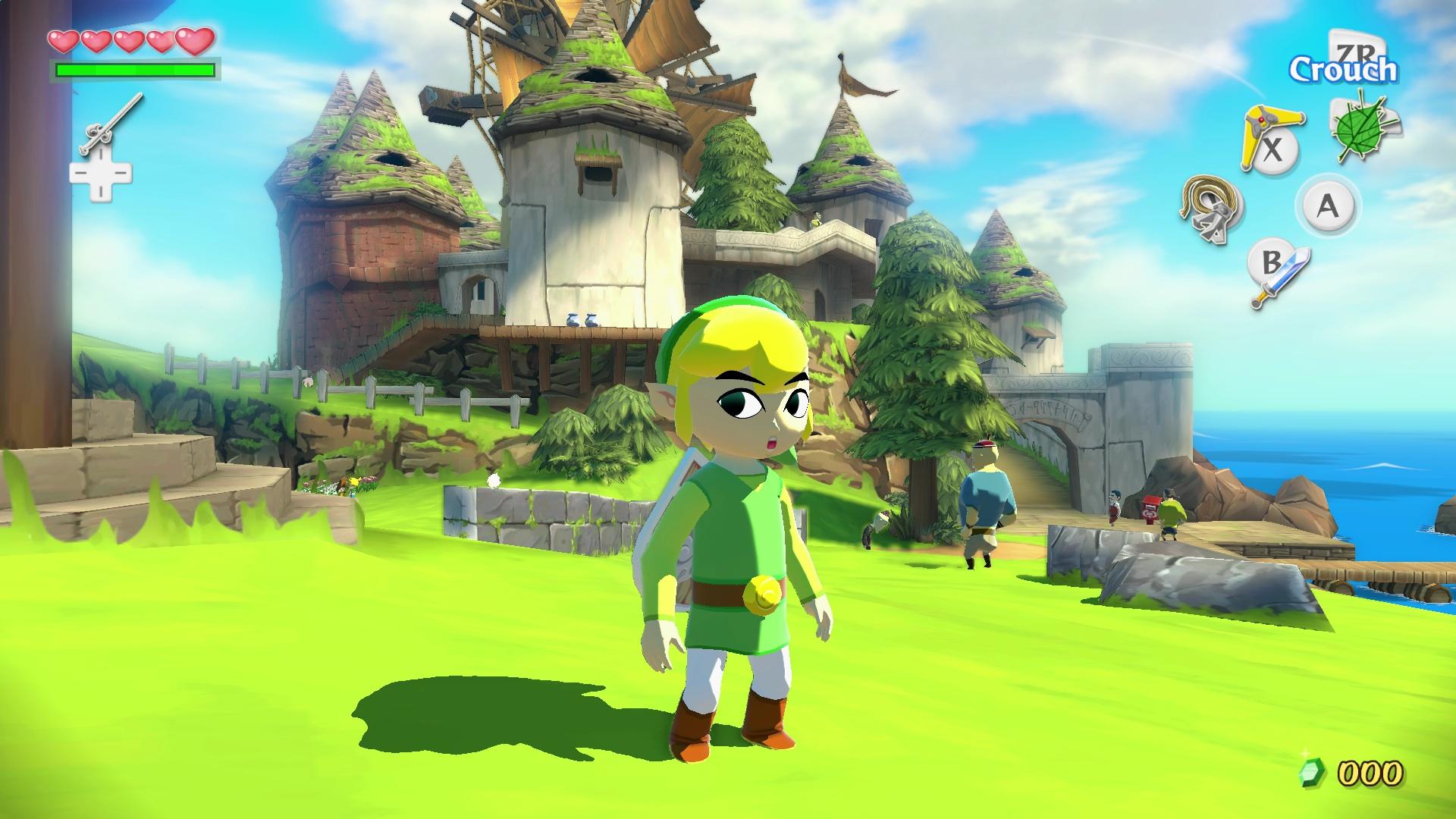 A cell shaded image from a videogame. In the foreground is a boy with yellow hair and a green cap and clothes. He has pointy ears.

In the background is a ramshackle set of buildings including a windmill. The setting is also on an island with the ocean visible in the background. A few other characters can be seen walking about.