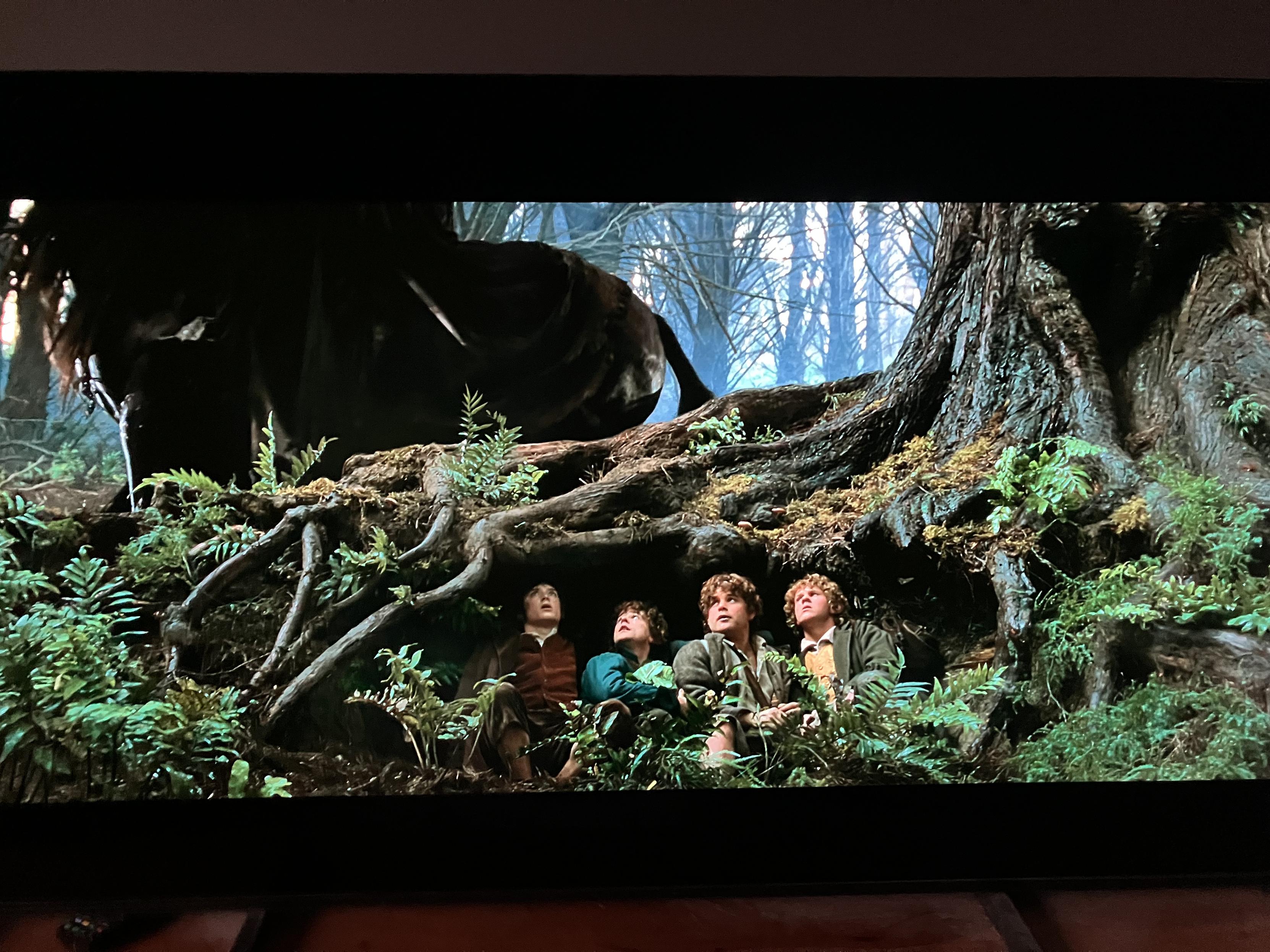 Image from The Fellowship Of The Ring. Four small hobbits hide under some tree roots whilst a large black horse with rider walks past behind them.