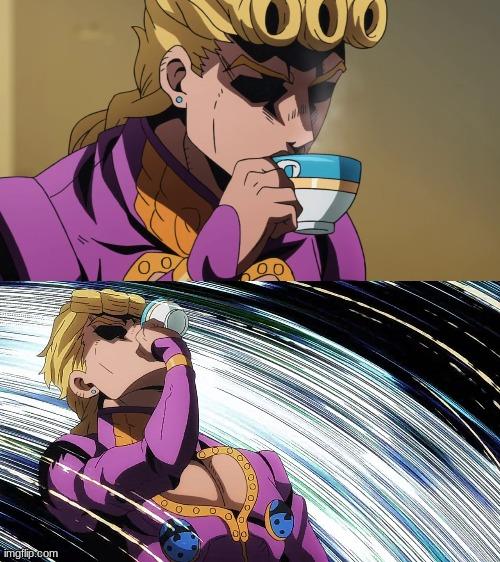 A stylish anime character drinking a cup of tea. Two panels showing before and and during the drinking.