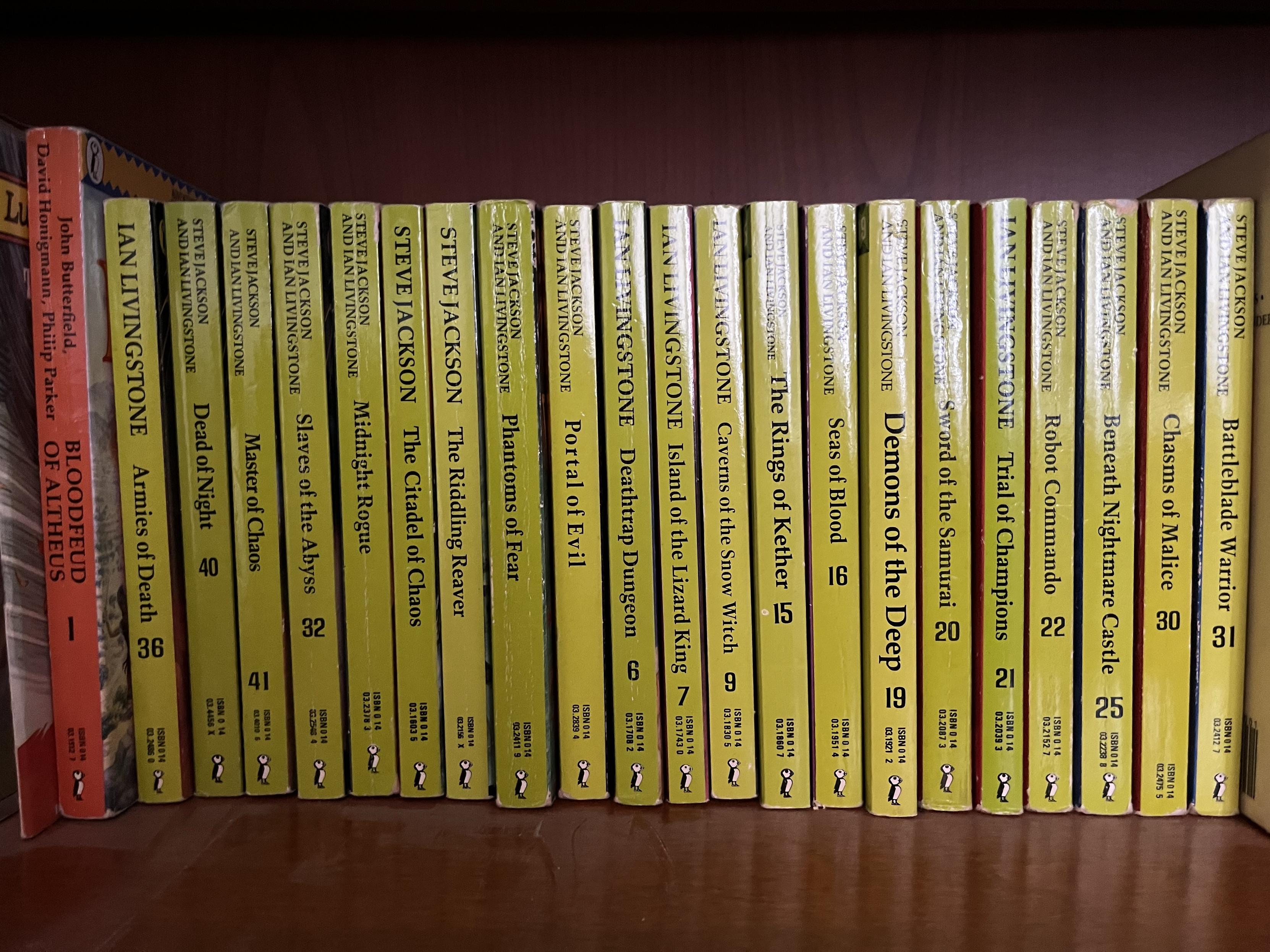 A photo of my Fighting Fantasy book collection. There's probably 20 or so books with green spines in the photo. They're out of order, because I'm useless. I'll probably have to fix that later now that I've noticed it.