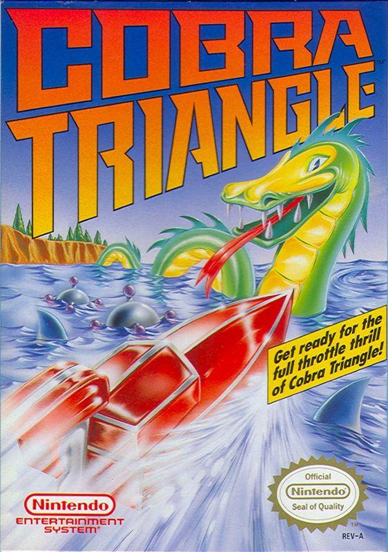 The box art for the video game 'Cobra Triangle'.

A speedboat is seen speeding towards a sea monster of sorts. There also sea mines in the water.

Text says "Get ready for the full throttle thrill of Cobra Triangle!".