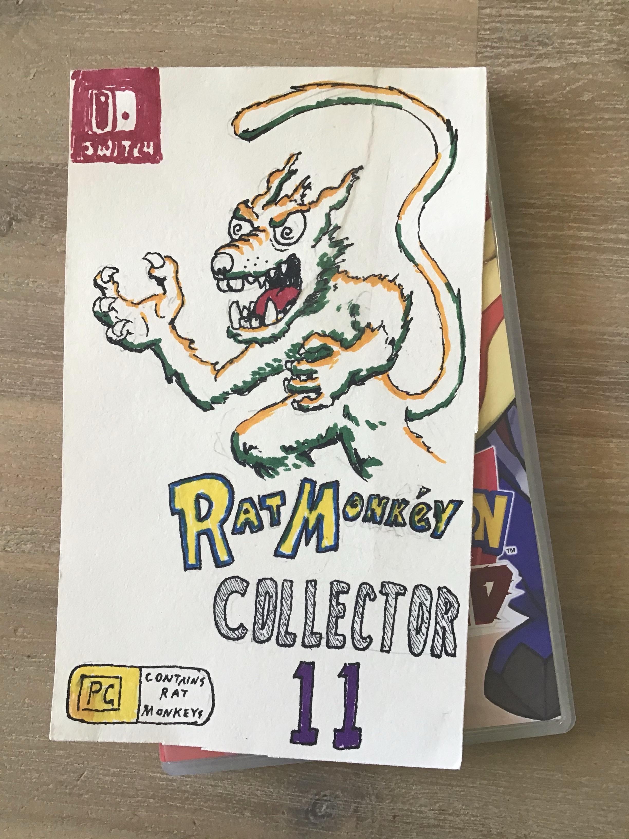 A fake videogame cover for 'Rat Monkéy Catcher 11' for the Nintendo Switch.

A viscous looking rat monkey is on the cover. Glimpsed underneath is Pokémon Shield.
