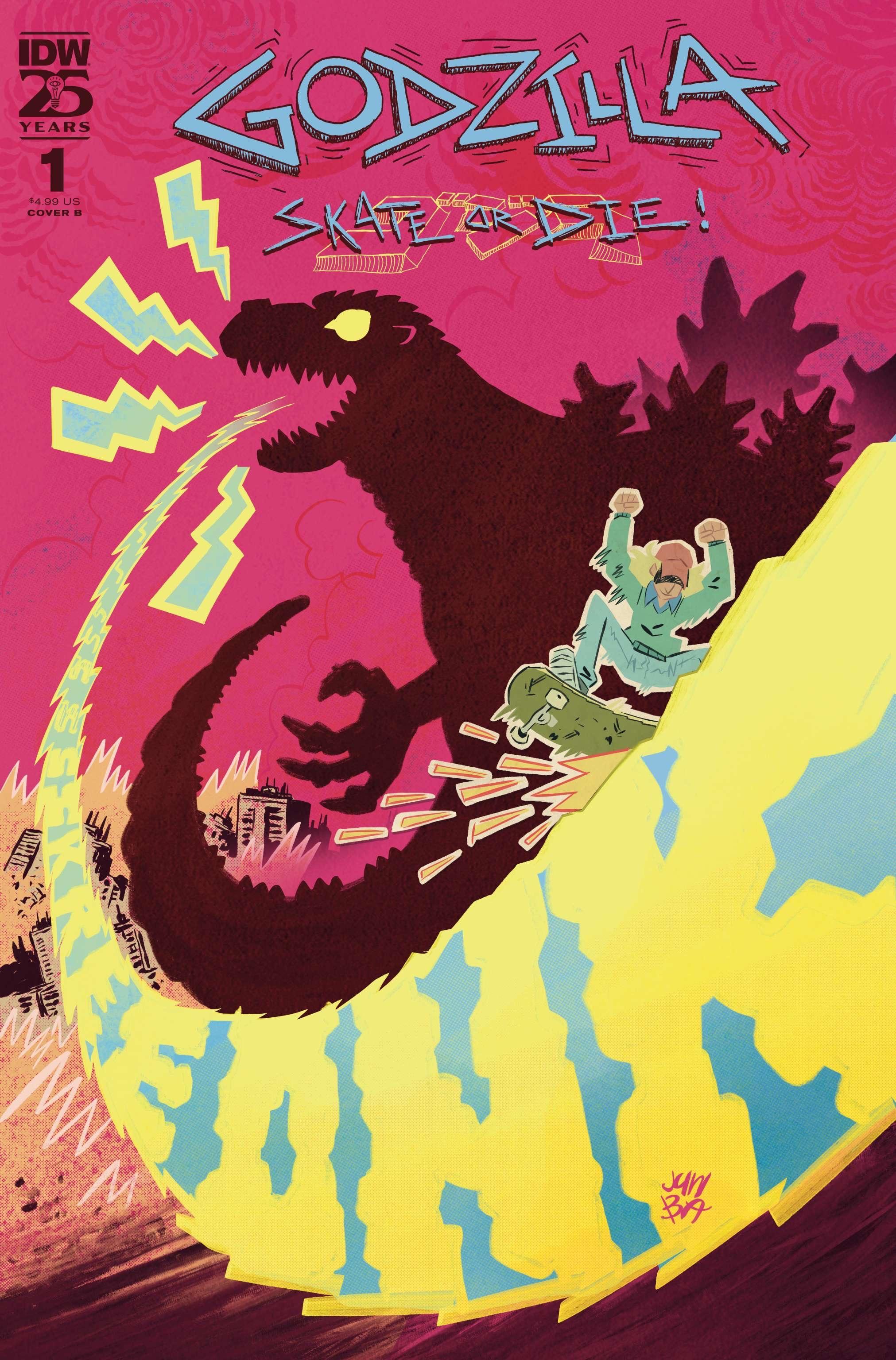 Abstract image of Godzilla spewing his atomic breath and some teenager grinding it.

The comic is entled Godzilla Skate or Die.