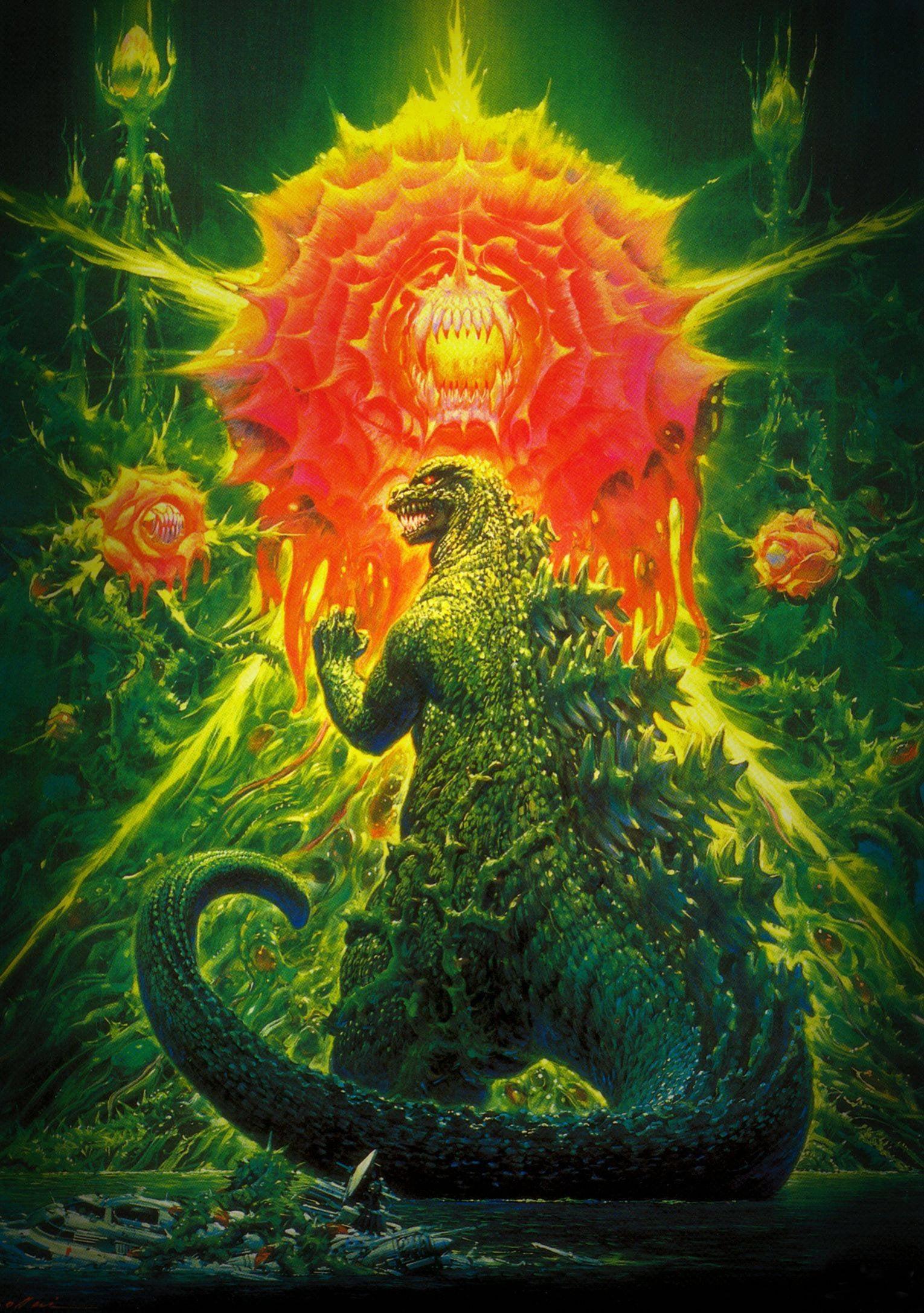 Godzilla Vs Biollante movie poster.

Godzilla is in the foreground with his back to the camera. In the background is a giant rose-themed plant monster.